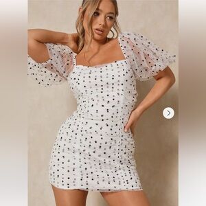 MISSPAP Black White Polka Dots Mini Dress Sz 8 Mesh Netting Short Sheer Sleeves
